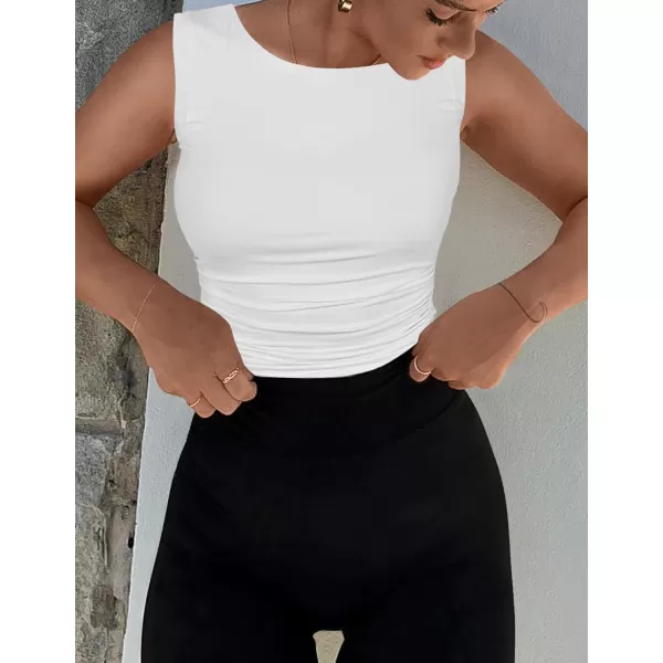 imageZESICA Womens Summer Tank Tops 2024 Sleeveless Crewneck Knit Slim Fitted Side Ruched Casual Basic ShirtWhite