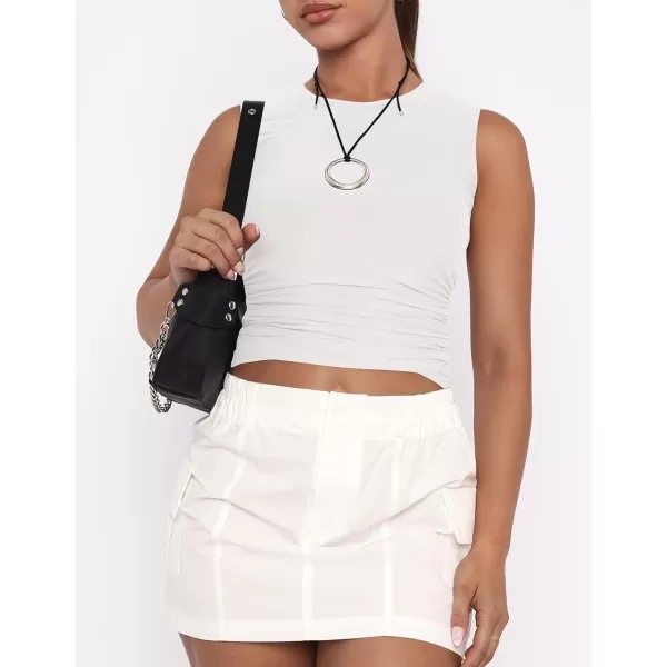 imageZESICA Womens Summer Tank Tops 2024 Sleeveless Crewneck Knit Slim Fitted Side Ruched Casual Basic ShirtWhite