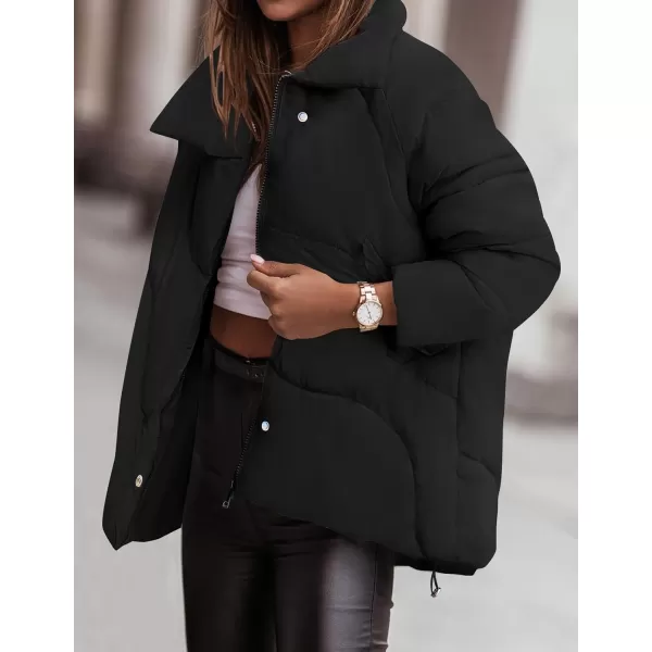 imageZESICA Womens Winter Puffer Jacket Long Sleeve Zip Up Drawstring Quilted Baggy Warm Short Down Coats with PocketsBlack