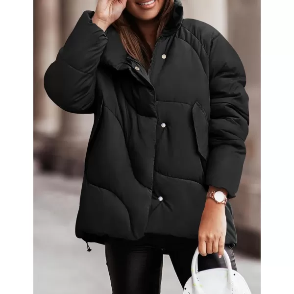 imageZESICA Womens Winter Puffer Jacket Long Sleeve Zip Up Drawstring Quilted Baggy Warm Short Down Coats with PocketsBlack