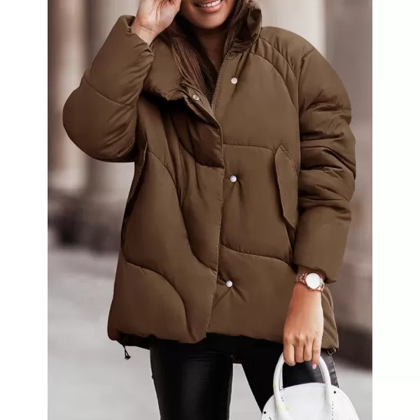 imageZESICA Womens Winter Puffer Jacket Long Sleeve Zip Up Drawstring Quilted Baggy Warm Short Down Coats with PocketsBrown
