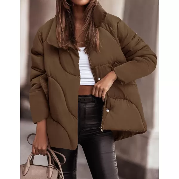 imageZESICA Womens Winter Puffer Jacket Long Sleeve Zip Up Drawstring Quilted Baggy Warm Short Down Coats with PocketsBrown