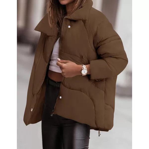 imageZESICA Womens Winter Puffer Jacket Long Sleeve Zip Up Drawstring Quilted Baggy Warm Short Down Coats with PocketsBrown