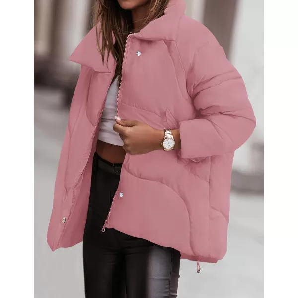 imageZESICA Womens Winter Puffer Jacket Long Sleeve Zip Up Drawstring Quilted Baggy Warm Short Down Coats with PocketsDustypink