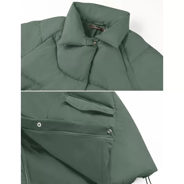 imageZESICA Womens Winter Puffer Jacket Long Sleeve Zip Up Drawstring Quilted Baggy Warm Short Down Coats with PocketsGreen