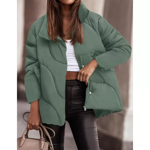 imageZESICA Womens Winter Puffer Jacket Long Sleeve Zip Up Drawstring Quilted Baggy Warm Short Down Coats with PocketsGreen