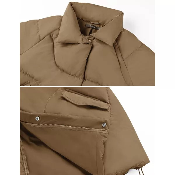 imageZESICA Womens Winter Puffer Jacket Long Sleeve Zip Up Drawstring Quilted Baggy Warm Short Down Coats with PocketsKhaki