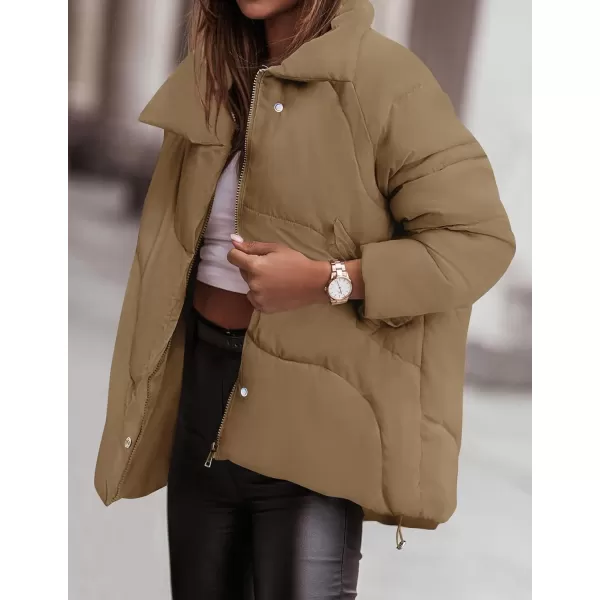 imageZESICA Womens Winter Puffer Jacket Long Sleeve Zip Up Drawstring Quilted Baggy Warm Short Down Coats with PocketsKhaki