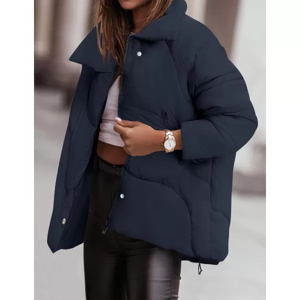 imageZESICA Womens Winter Puffer Jacket Long Sleeve Zip Up Drawstring Quilted Baggy Warm Short Down Coats with PocketsNavy