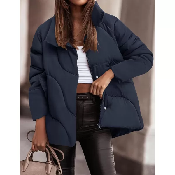 imageZESICA Womens Winter Puffer Jacket Long Sleeve Zip Up Drawstring Quilted Baggy Warm Short Down Coats with PocketsNavy