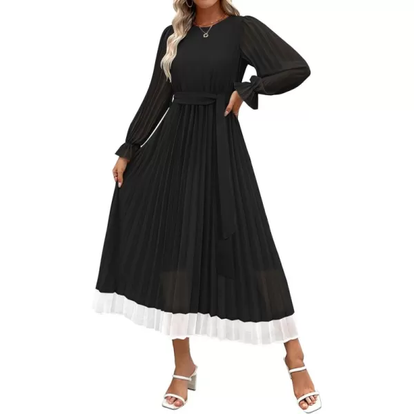 imageZESICA Womens 2024 Fall Long Sleeve Chiffon Dress Casual Crew Neck Pleated A Line Flowy Midi Dresses with BeltBlack