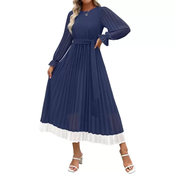imageZESICA Womens 2024 Fall Long Sleeve Chiffon Dress Casual Crew Neck Pleated A Line Flowy Midi Dresses with BeltDark Blue