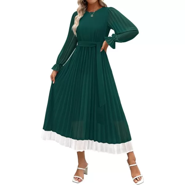 imageZESICA Womens 2024 Fall Long Sleeve Chiffon Dress Casual Crew Neck Pleated A Line Flowy Midi Dresses with BeltDark Green