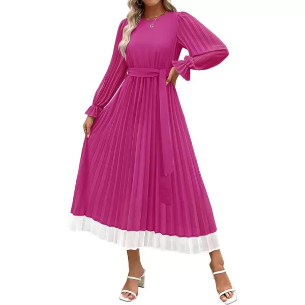 imageZESICA Womens 2024 Fall Long Sleeve Chiffon Dress Casual Crew Neck Pleated A Line Flowy Midi Dresses with BeltDeep Rose