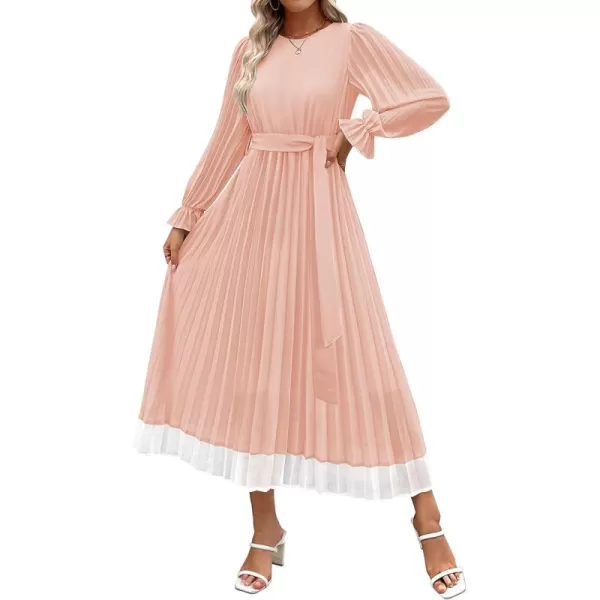 imageZESICA Womens 2024 Fall Long Sleeve Chiffon Dress Casual Crew Neck Pleated A Line Flowy Midi Dresses with BeltLight Pink