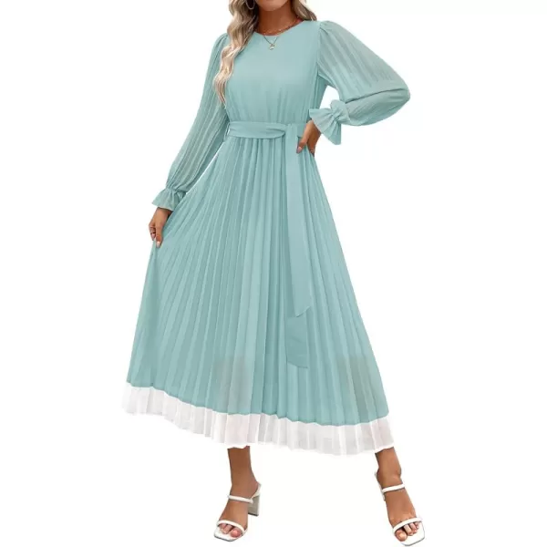 imageZESICA Womens 2024 Fall Long Sleeve Chiffon Dress Casual Crew Neck Pleated A Line Flowy Midi Dresses with BeltSage