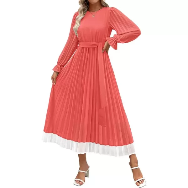 imageZESICA Womens 2024 Fall Long Sleeve Chiffon Dress Casual Crew Neck Pleated A Line Flowy Midi Dresses with BeltWatermelon