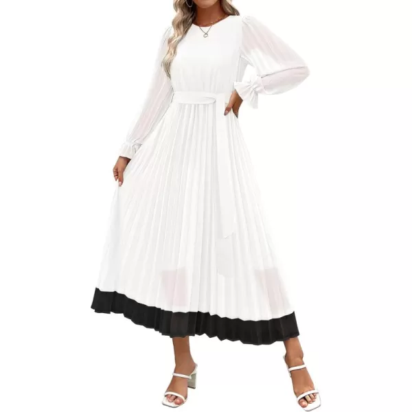 imageZESICA Womens 2024 Fall Long Sleeve Chiffon Dress Casual Crew Neck Pleated A Line Flowy Midi Dresses with BeltWhite