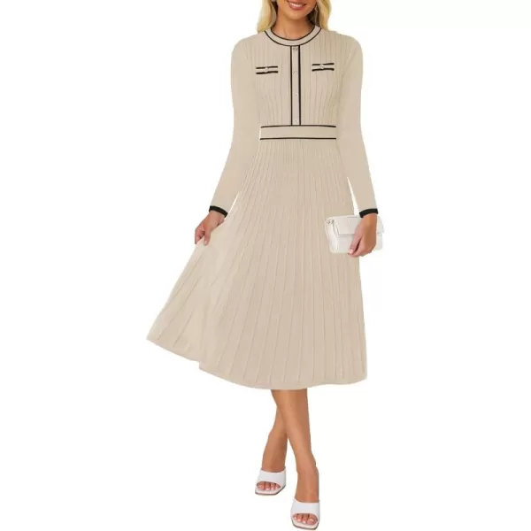 imageZESICA Womens 2024 Fall Pleated Sweater Dress Long Sleeve Crewneck Ribbed Knitted Midi DressesApricot