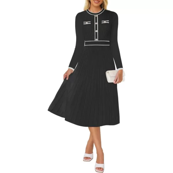 imageZESICA Womens 2024 Fall Pleated Sweater Dress Long Sleeve Crewneck Ribbed Knitted Midi DressesBlack
