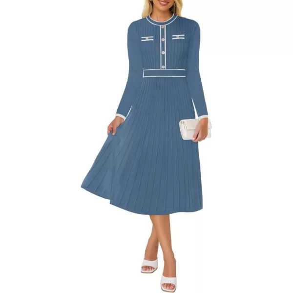 imageZESICA Womens 2024 Fall Pleated Sweater Dress Long Sleeve Crewneck Ribbed Knitted Midi DressesDarkblue