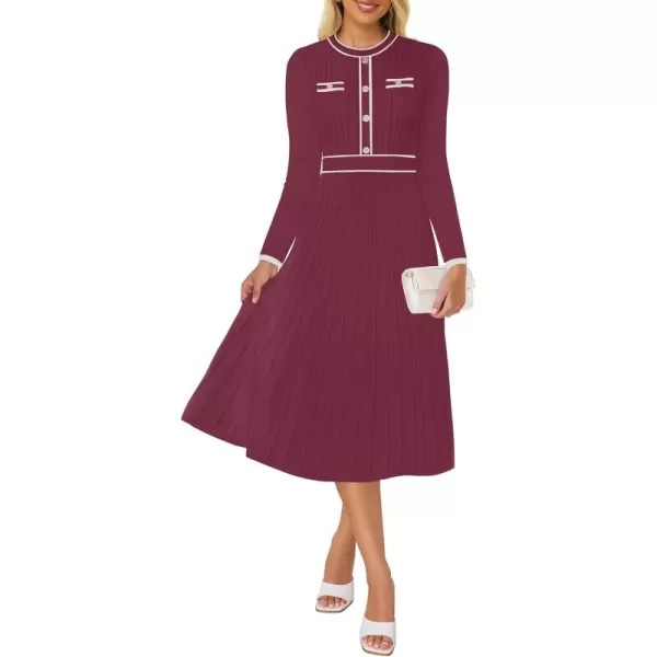 imageZESICA Womens 2024 Fall Pleated Sweater Dress Long Sleeve Crewneck Ribbed Knitted Midi DressesFuchsia