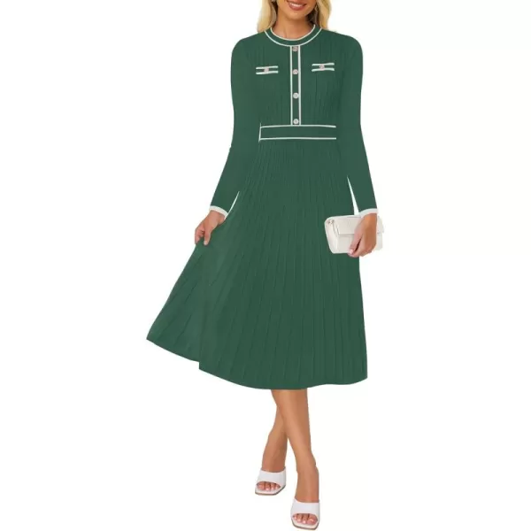 imageZESICA Womens 2024 Fall Pleated Sweater Dress Long Sleeve Crewneck Ribbed Knitted Midi DressesGreen
