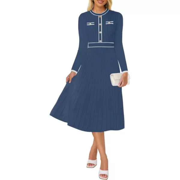 imageZESICA Womens 2024 Fall Pleated Sweater Dress Long Sleeve Crewneck Ribbed Knitted Midi DressesNavy