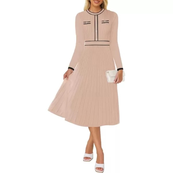 imageZESICA Womens 2024 Fall Pleated Sweater Dress Long Sleeve Crewneck Ribbed Knitted Midi DressesOatmeal