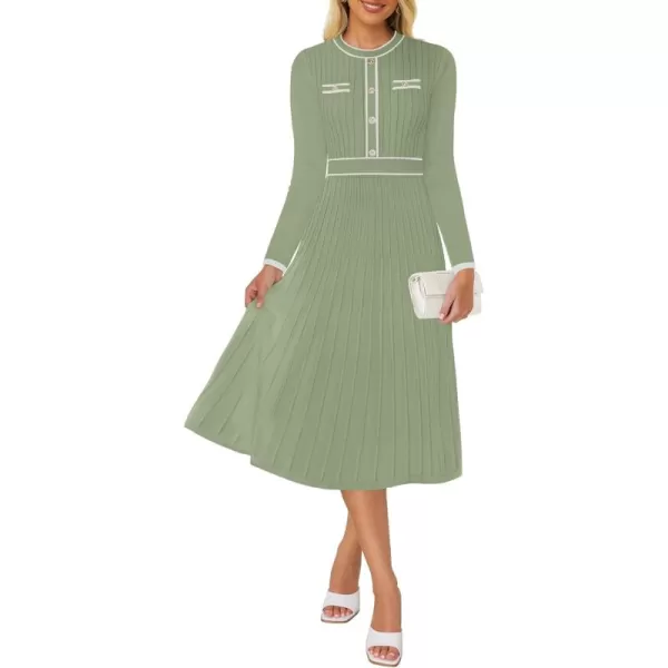 imageZESICA Womens 2024 Fall Pleated Sweater Dress Long Sleeve Crewneck Ribbed Knitted Midi DressesOlive