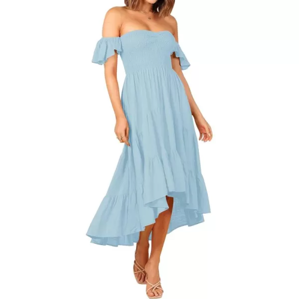 imageZESICA Womens 2024 Summer Boho Off Shoulder Short Sleeve Smocked Ruffle Swing High Low Mermaid Cocktail Party DressSkyblue