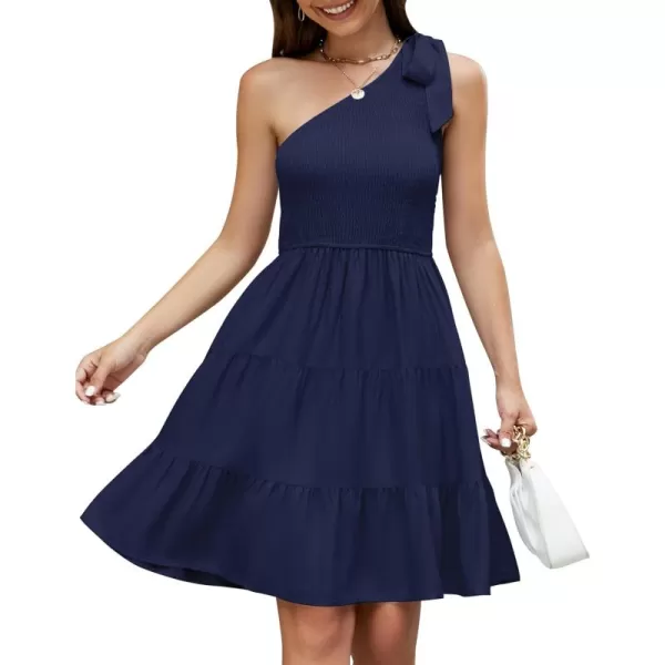 imageZESICA Womens 2024 Summer Boho One Shoulder Sleeveless Solid Color Smocked Tiered Ruffle A Line Swing Short Mini DressRoyalblue