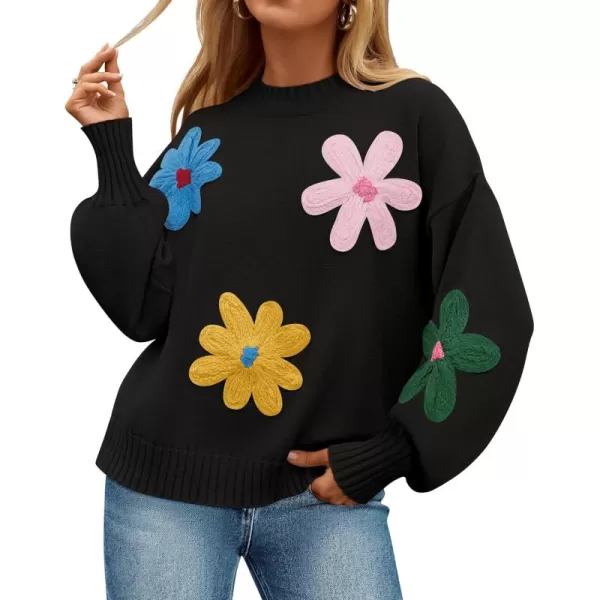 imageZESICA Womens Fall Long Puff Sleeve Sweaters 2024 Casual Crewneck Ribbed Knit Flower Color Block Loose Pullover TopsBlack