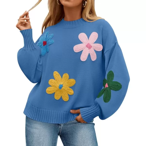imageZESICA Womens Fall Long Puff Sleeve Sweaters 2024 Casual Crewneck Ribbed Knit Flower Color Block Loose Pullover TopsBlue