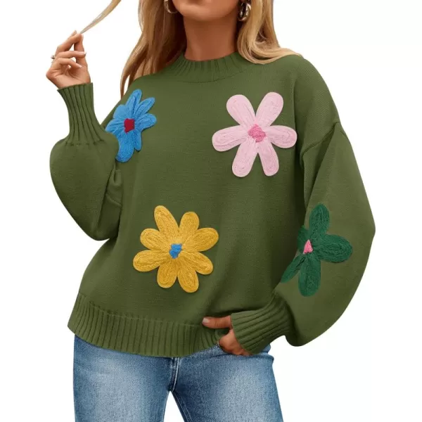 imageZESICA Womens Fall Long Puff Sleeve Sweaters 2024 Casual Crewneck Ribbed Knit Flower Color Block Loose Pullover TopsGreen