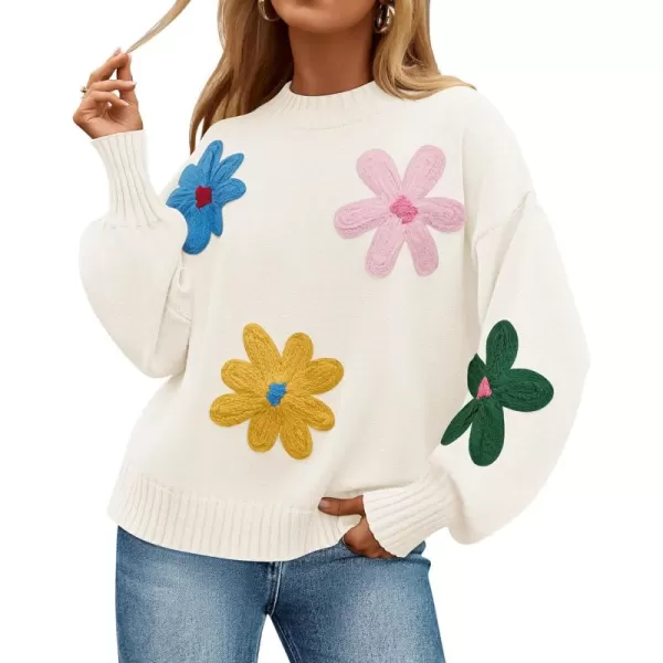 imageZESICA Womens Fall Long Puff Sleeve Sweaters 2024 Casual Crewneck Ribbed Knit Flower Color Block Loose Pullover TopsIvory