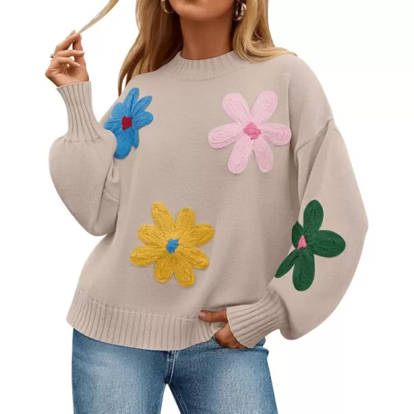 imageZESICA Womens Fall Long Puff Sleeve Sweaters 2024 Casual Crewneck Ribbed Knit Flower Color Block Loose Pullover TopsSand