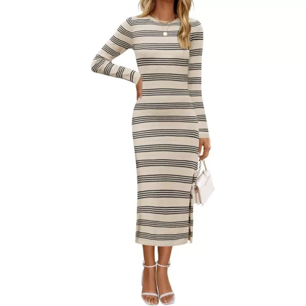 imageZESICA Womens Fall Long Sleeve Striped Knit Midi Dresses Crewneck Side Slit Bodycon Sweater DressApricot
