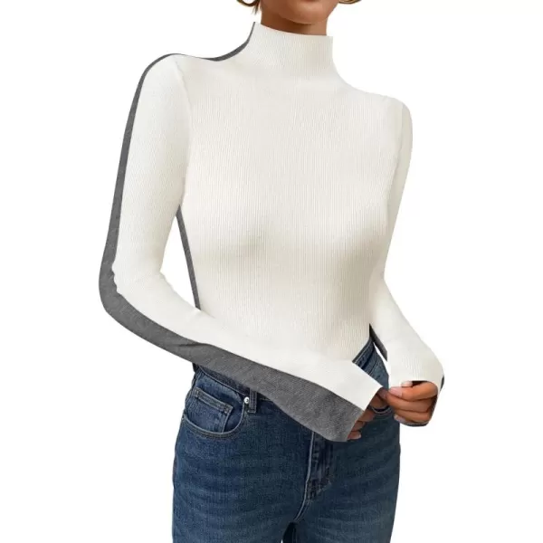 imageZESICA Womens Fall Mock Neck Sweaters 2024 Long Sleeve Color Block Ribbed Knit Shirts Basic Slim Fit Pullover TopsBeige