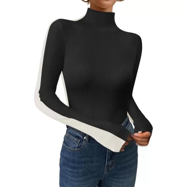 imageZESICA Womens Fall Mock Neck Sweaters 2024 Long Sleeve Color Block Ribbed Knit Shirts Basic Slim Fit Pullover TopsBlack