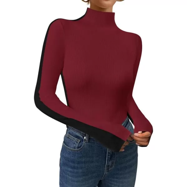 imageZESICA Womens Fall Mock Neck Sweaters 2024 Long Sleeve Color Block Ribbed Knit Shirts Basic Slim Fit Pullover TopsRed