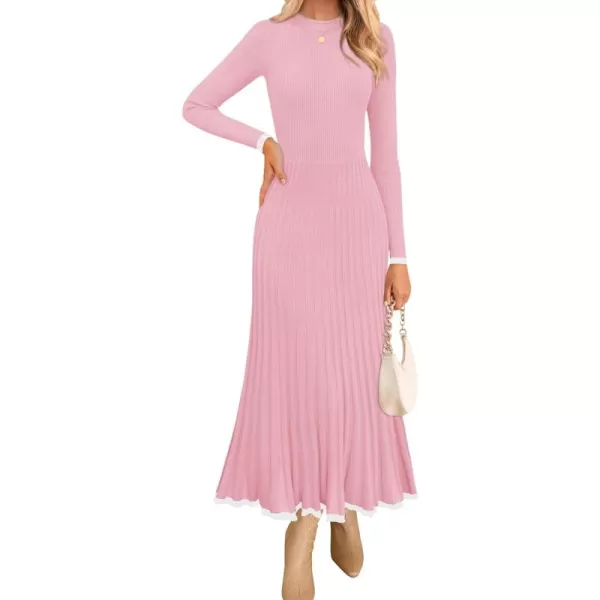 imageZESICA Womens Long Sleeve Sweater Dress 2024 Fall Crewneck Ribbed Knit Pleated ALine Maxi Wedding Guest DressesPink