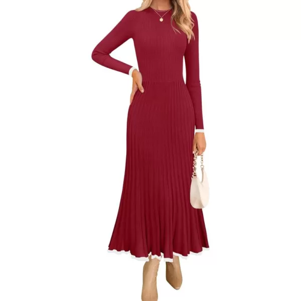 imageZESICA Womens Long Sleeve Sweater Dress 2024 Fall Crewneck Ribbed Knit Pleated ALine Maxi Wedding Guest DressesWine