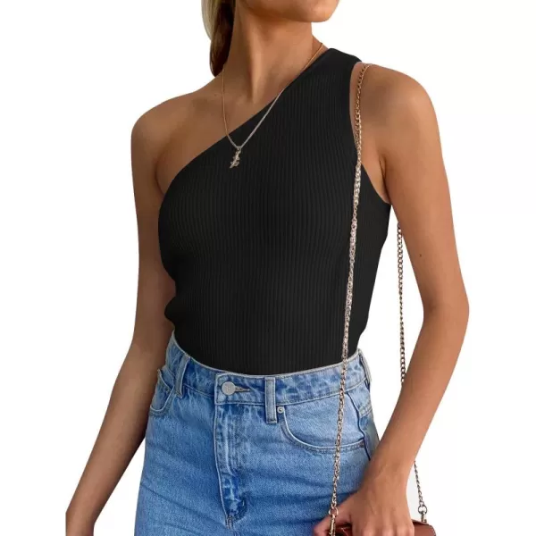 imageZESICA Womens One Shoulder Tank Summer Sleeveless T Shirt Ribbed Knit Slim Fit Sexy Casual Basic Tee TopsBlack