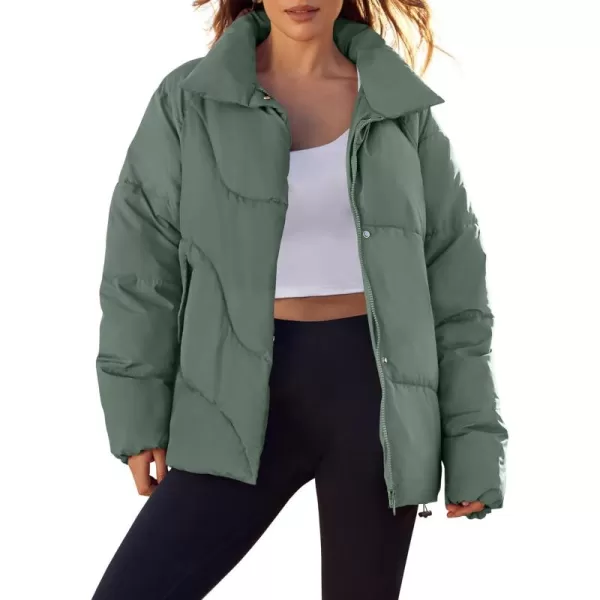 imageZESICA Womens Winter Puffer Jacket Long Sleeve Zip Up Drawstring Quilted Baggy Warm Short Down Coats with PocketsGreen