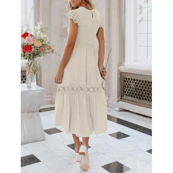imageZESICA Womens 2024 Casual Crew Neck Flutter Sleeve Smocked High Waist Hollow Out Lace Trim Tiered A Line Midi DressApricot