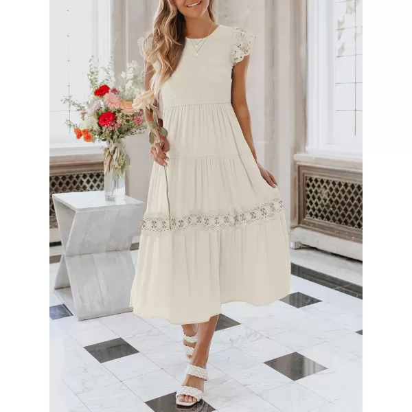 imageZESICA Womens 2024 Casual Crew Neck Flutter Sleeve Smocked High Waist Hollow Out Lace Trim Tiered A Line Midi DressApricot