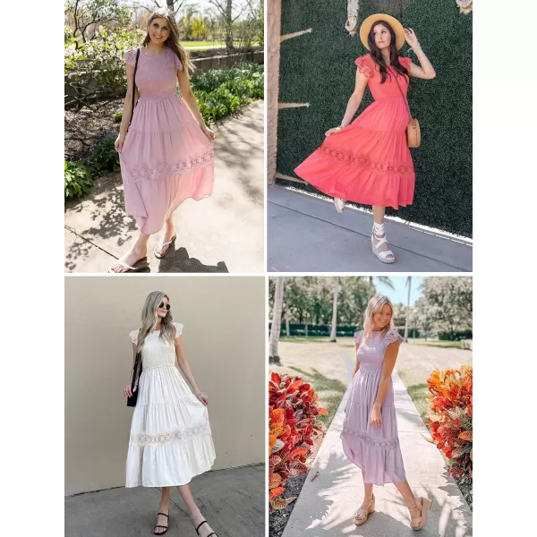 imageZESICA Womens 2024 Casual Crew Neck Flutter Sleeve Smocked High Waist Hollow Out Lace Trim Tiered A Line Midi DressApricot
