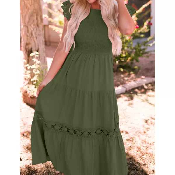 imageZESICA Womens 2024 Casual Crew Neck Flutter Sleeve Smocked High Waist Hollow Out Lace Trim Tiered A Line Midi DressArmygreen