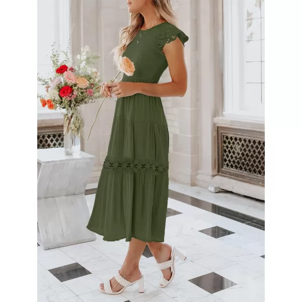 imageZESICA Womens 2024 Casual Crew Neck Flutter Sleeve Smocked High Waist Hollow Out Lace Trim Tiered A Line Midi DressArmygreen